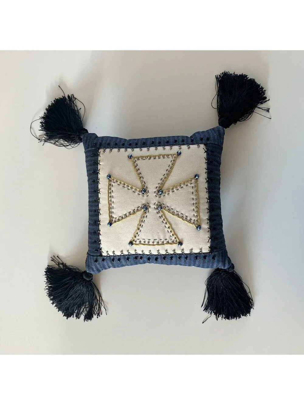 90s Y2K Mini Accent Throw Pillow Cross Appliqué Embroidery Bead Bling Tassles 8